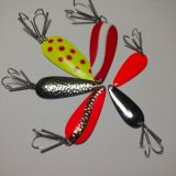 A group of six different colored fishing lures.