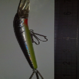 A fishing lure hanging on the wall with a ruler