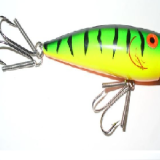 A yellow and black striped lure with two hooks.