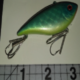 A green fishing lure with two hooks attached.